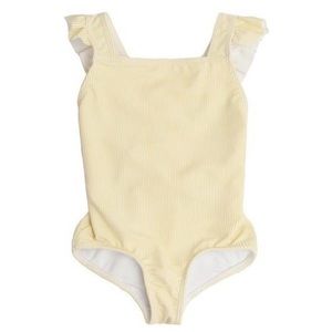 Girls minnow one piece cross over swimsuit in buttercream. Size 5/6T